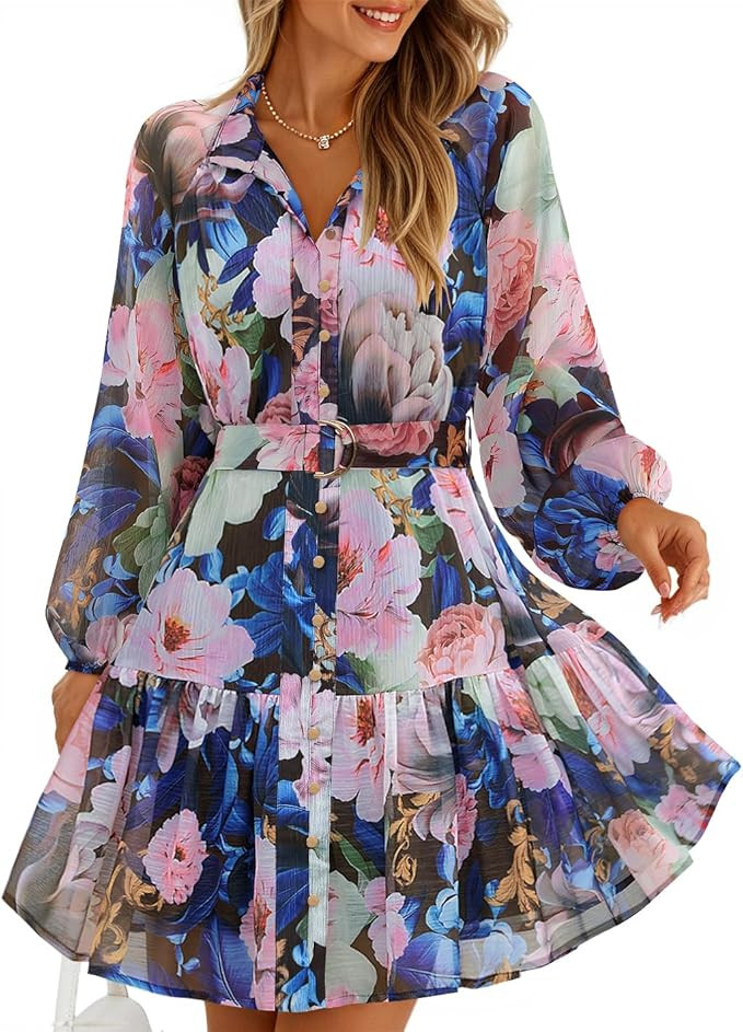 ZESICA Womens Spring Summer Floral Mini Dress Long Sleeve Button Chiffon A Line Swing Short Weddi... | Amazon (US)
