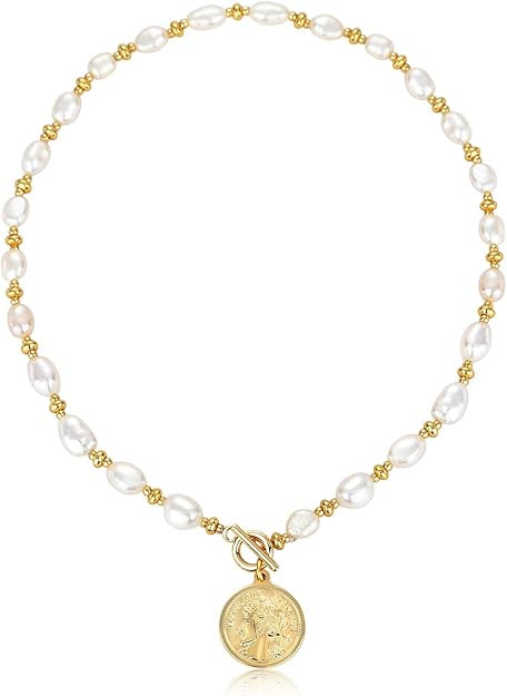 Y2K Pearl Choker Necklace Baroque Cultured Handpicked Pearl 18K Gold Plated Bead Ball Chain Coin ... | Amazon (US)