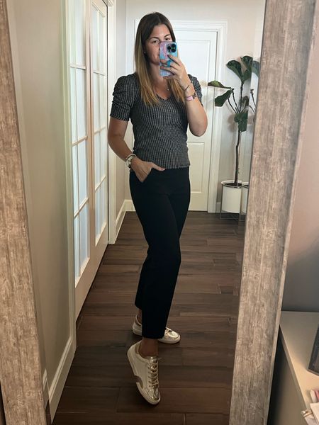 Love this business casual-esque  look I wore to my appointment recently. The shirt is form fitted, yet has structure. It’s stretchy and so comfy. The pants have a flat front waist band and are available in sizes 0-24 (petite and tall). Stretchy pants are the way to go, my friends! This style is great for work or play.

I dresses them down with this fun white/gold fashion sneaker which comes in two dozen variations! (Sizes 5-15)

#LTKshoecrush #LTKstyletip #LTKworkwear