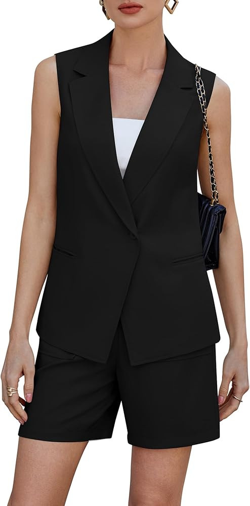Two Piece Short Sets for Women Blazer Suit Single Button Dressy Vest Loose Fit Business Casual Ou... | Amazon (US)