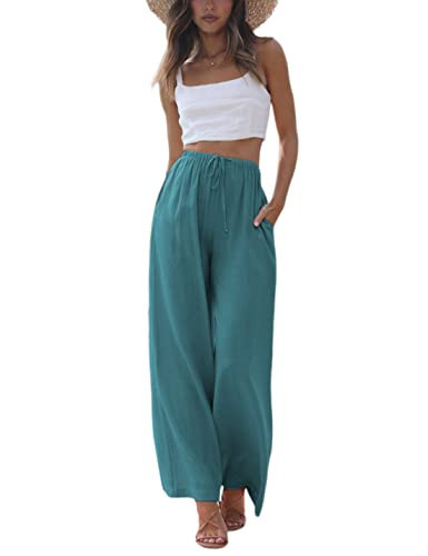 Faleave Women's Cotton Linen Summer Palazzo Pants Flowy Wide Leg Beach Trousers with Pockets(Blue-L) | Amazon (US)