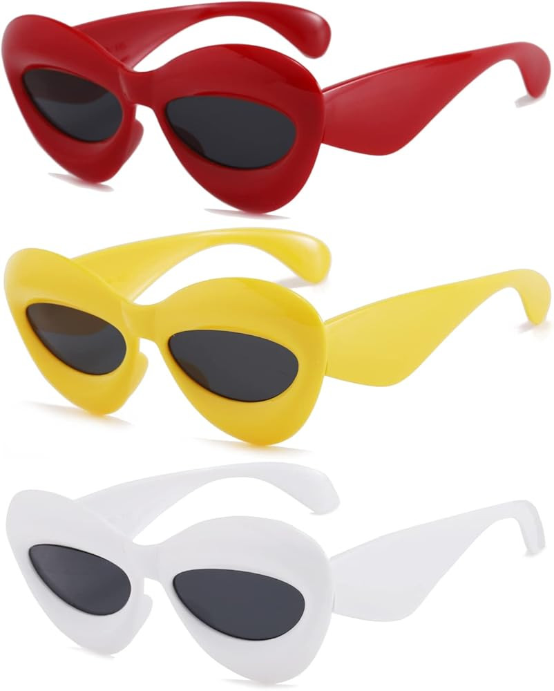 Long Keeper 3 Pair Lip Sunglasses Unique Women Sexy Thick Frame Inflated Cat Eye Candy Color Punk... | Amazon (US)
