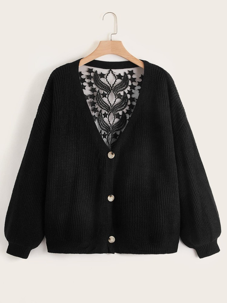 Plus Embroidery Mesh Insert Drop Shoulder Button Front Cardigan | SHEIN