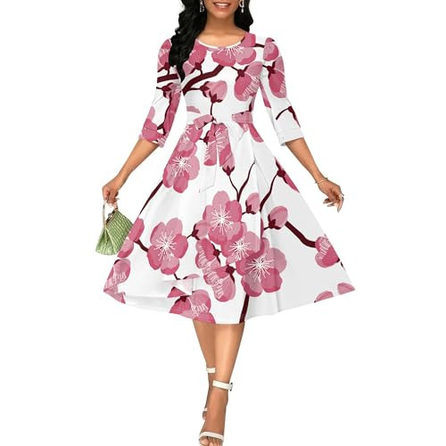 Women's Vintage Midi Dresses for Wedding Guest Formal Homecoming Bridesmaid Wedding Tea Party Modest Dress for Church Pink and White Floral L | Amazon (US)
