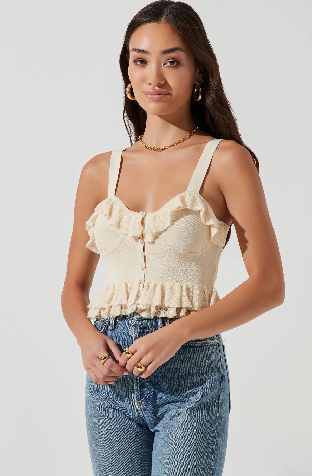Aries Ruffle Knit Faux Pearl Button Top | ASTR The Label (US)