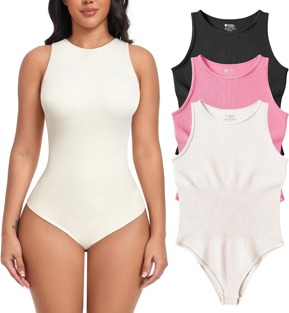 Women Bodysuits 3 Piece Tank Tops Ribbed Sleeveless Sexy One Piece Halter Neck Shapewear Bodysuit | Amazon (US)