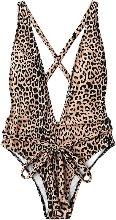 SweatyRocks Women's Sexy Bathing Suits Criss Cross Tie Knot Front Deep V Open Back Leopard One Pi... | Amazon (US)
