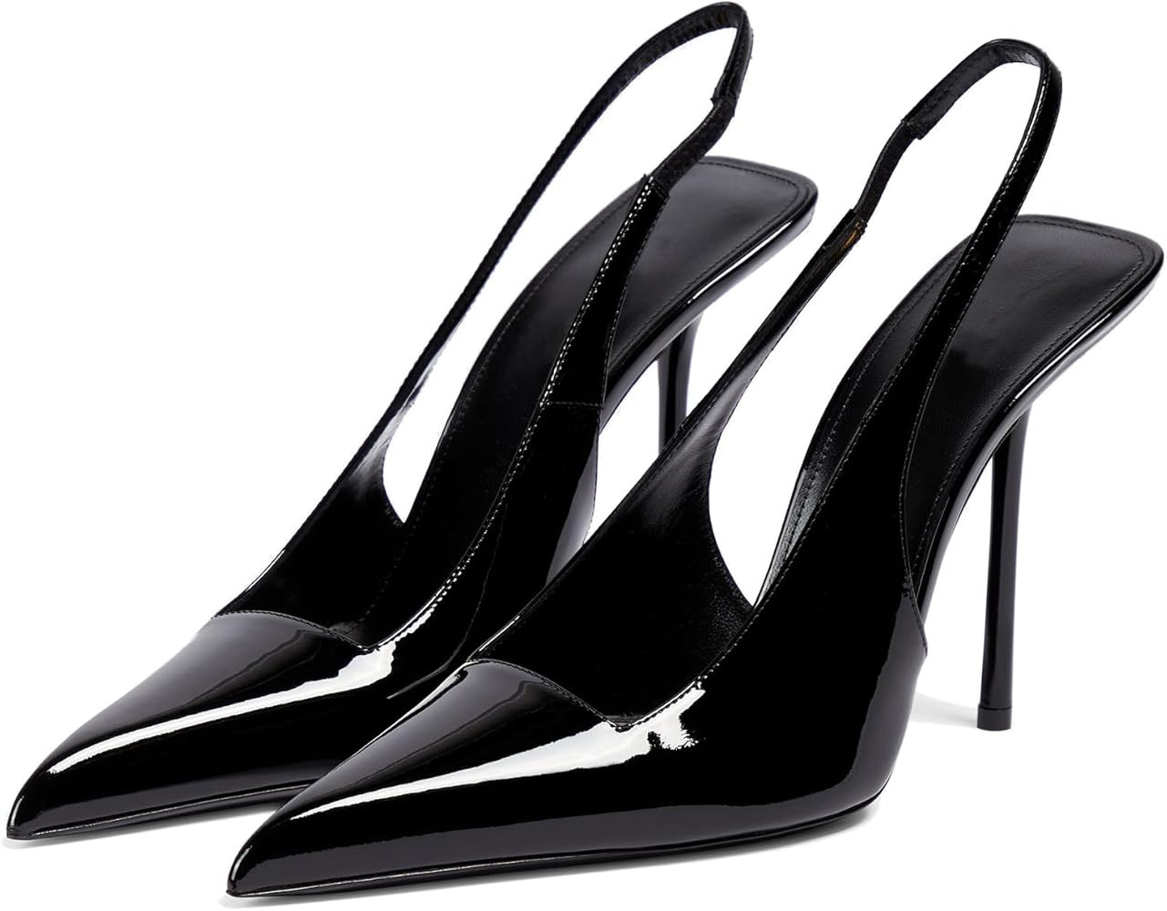 Slingback Stiletto Heels for Women Pointed Toe Slip On Patent Leather Pumps Backless Stretch Stra... | Amazon (US)