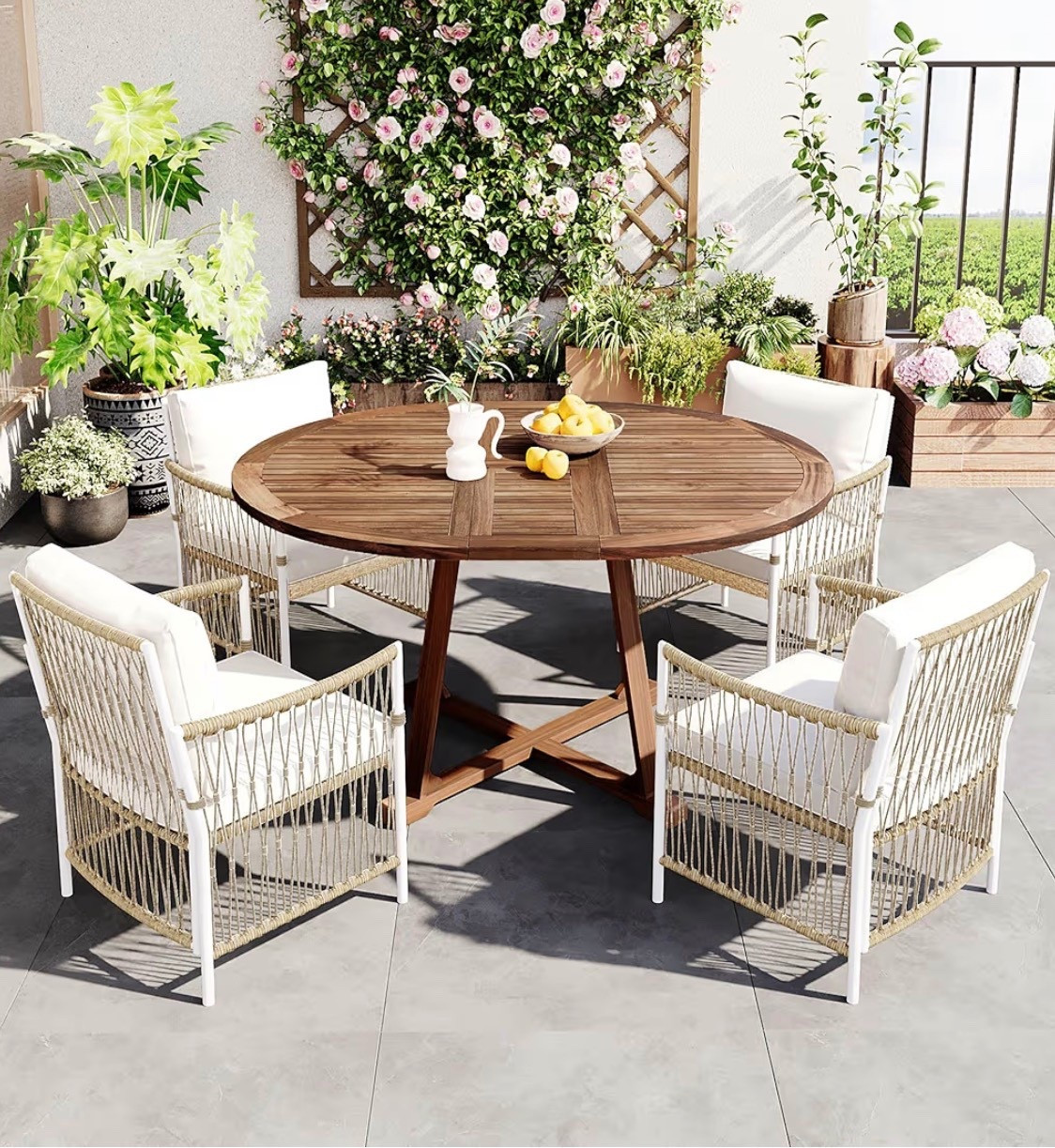 5-Piece Outdoor Patio Dining Set, All-Weather Acacia Wood Extendable Round Dining Table with 12inch Butterfly Leaf and 4 Rattan Arm Chairs for Backyard, Balcony, Garden, Poolside

#LTKSeasonal #LTKSaleAlert #LTKHome
