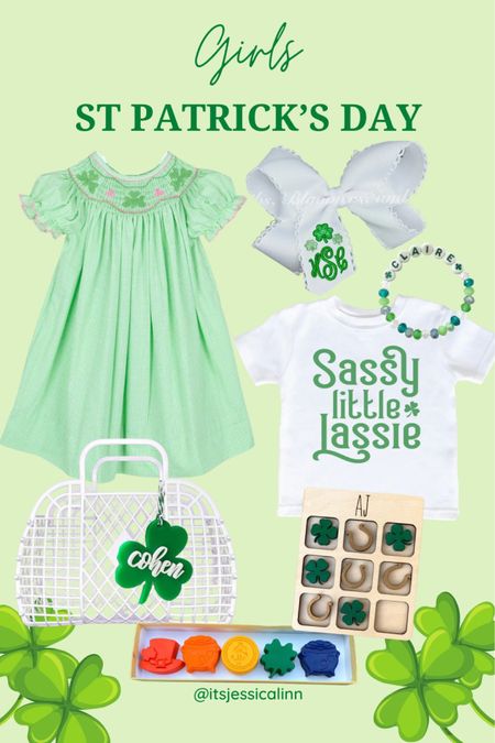 St Patrick’s day gifts for girls
St Patrick green smocked four leaf clover embroidered dress
White and green embroidered personalized customized st Patrick’s day boy
Sassy lassie st Patrick’s day shirt for girls
White retro jelly basket
Clover name tag gift 
Wooden Tic tac toe st Patrick’s day from Etsy 
Personalized at Patrick’s day bracelet 
St Patrick’s day crayons


#LTKkids #LTKfamily #LTKGiftGuide