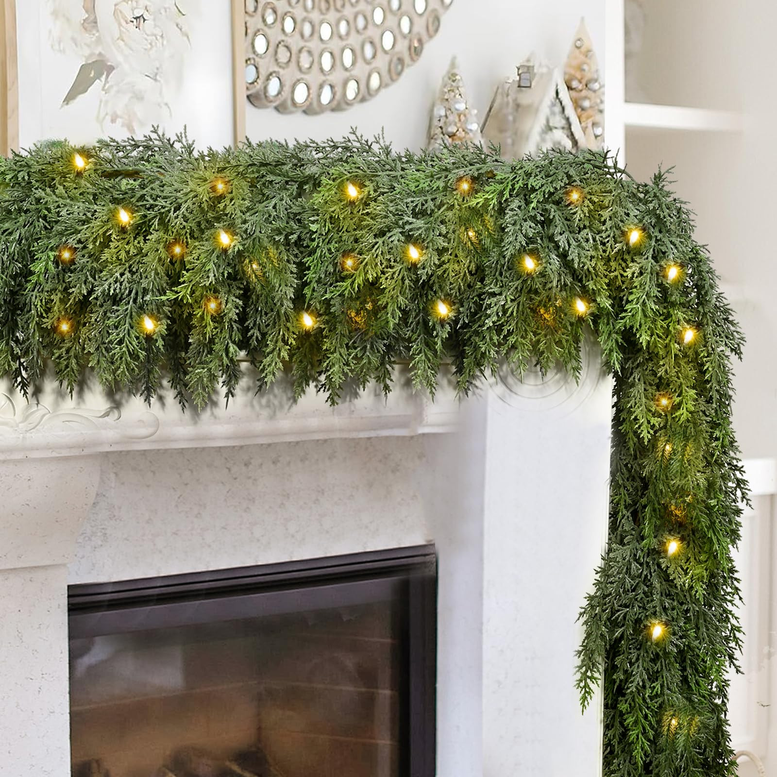 9FT Thick Pre-lit Christmas Garlands with 240 Cedar Branches, 50 Lights, Green Cedar Garland for ... | Amazon (US)