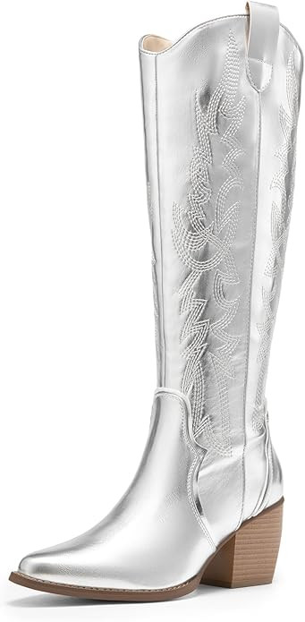 DREAM PAIRS Womens Cowboy Boots Comfortable Pull On Zipper Chunky Heel Pointed Toe Embroidered We... | Amazon (US)