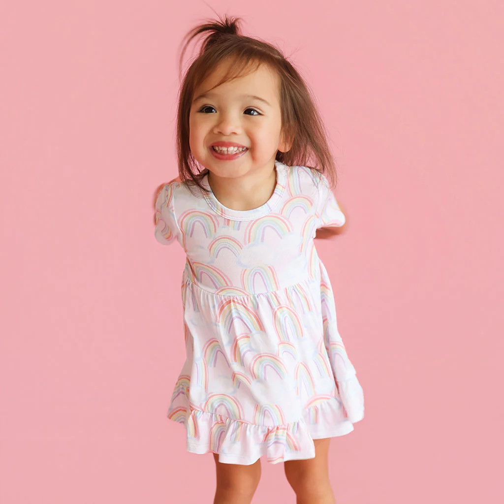 Rainbows Pink Ruffled Baby Bodysuit Dress | April | Posh Peanut