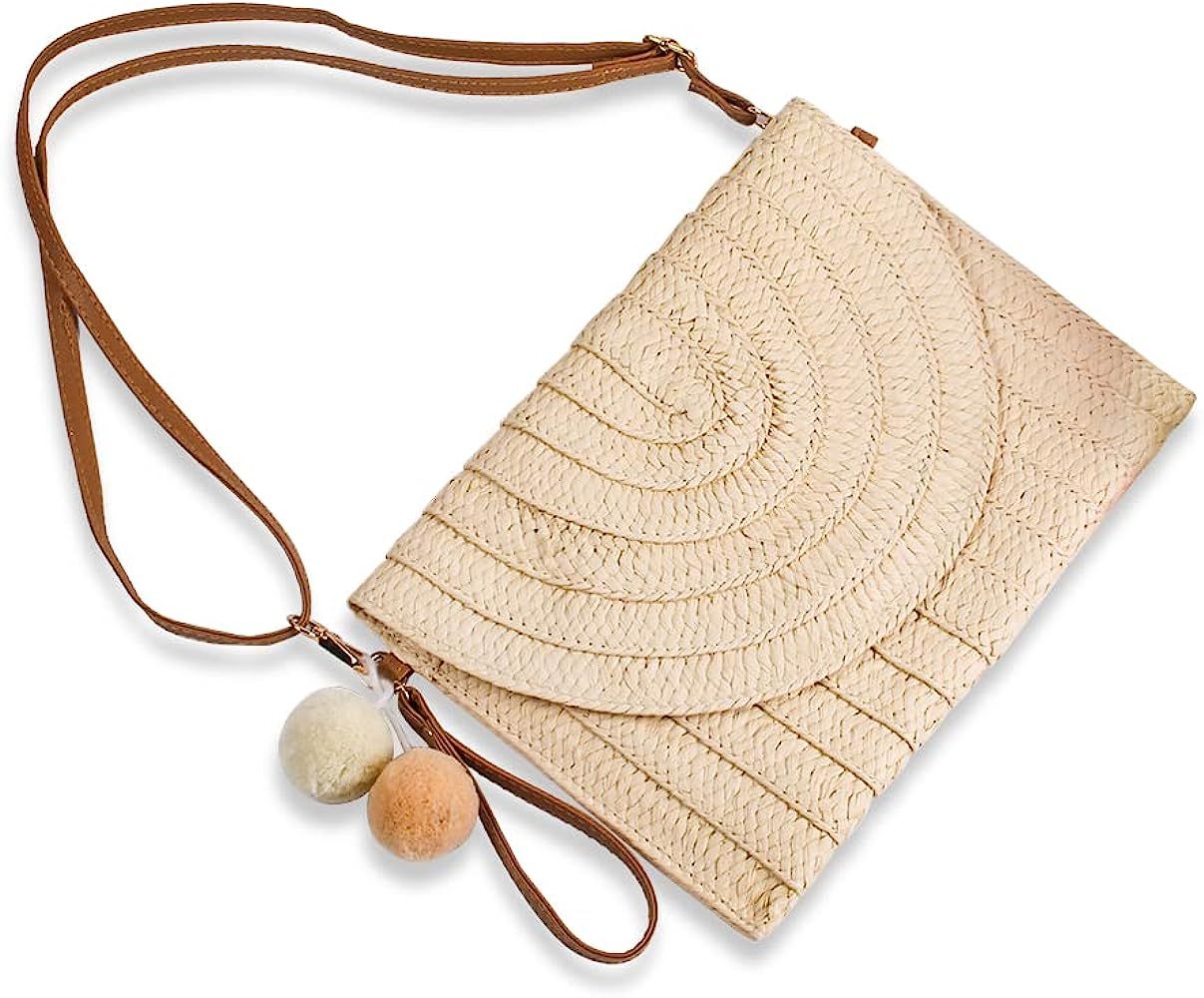 XINKAU Straw Shoulder Bag Straw Clutch Straw Crossbody Bag Casual Beach Straw Handmade Bag for Women | Amazon (US)