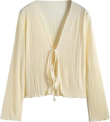 ZAFUL Women's Deep V Neck Tie Front Top Bell Long Sleeve Plisse Pleated Blouse Shirt Top | Amazon (US)