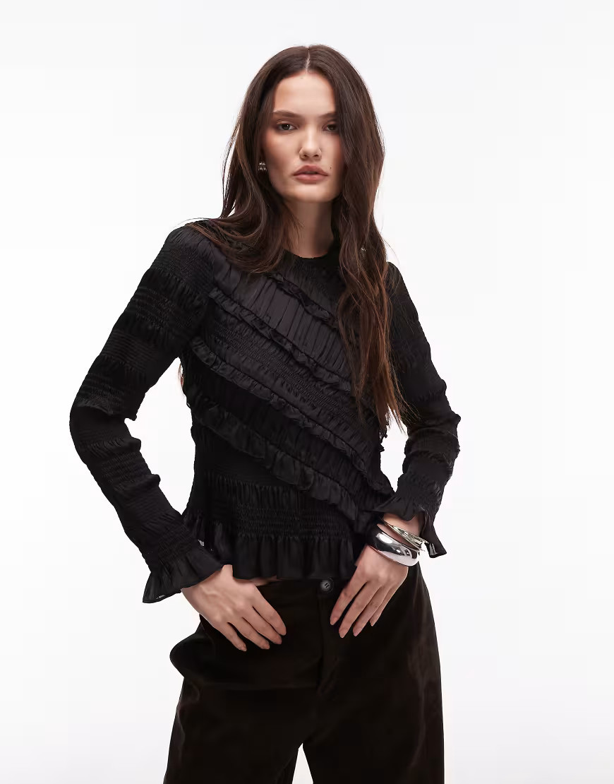 Allsaints Nyla ruffle long sleeve top in black | ASOS (Global)