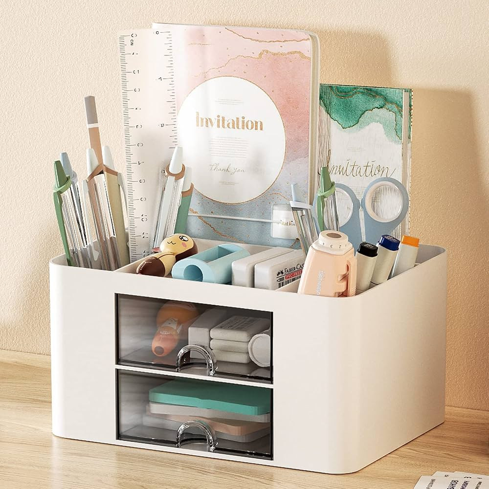 GGIANTGO Desk Organizer with 2 Drawer, Pencil Pen Holder for Desk, Desk Supplies Organizer for Of... | Amazon (US)