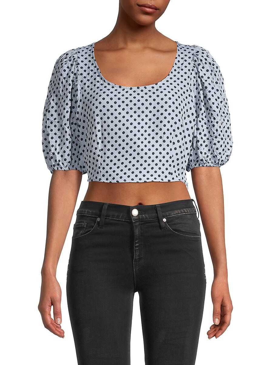 Free People Women's Polka Dot Puff-Sleeve Crop Top - Dusty Blue - Size 10 | Saks Fifth Avenue OFF 5TH