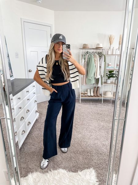 Casual fall outfit inspo 🫶🏼 my trousers are on SALE!! 
+ H&M tank top | xs 
+ Amazon striped sweater | medium 
+ Abercrombie trousers | 25 short 
+ Adidas samba sneakers | size 6
+ code KAIT20 to save on electric picks 

#LTKunder100 #LTKSeasonal #LTKsalealert