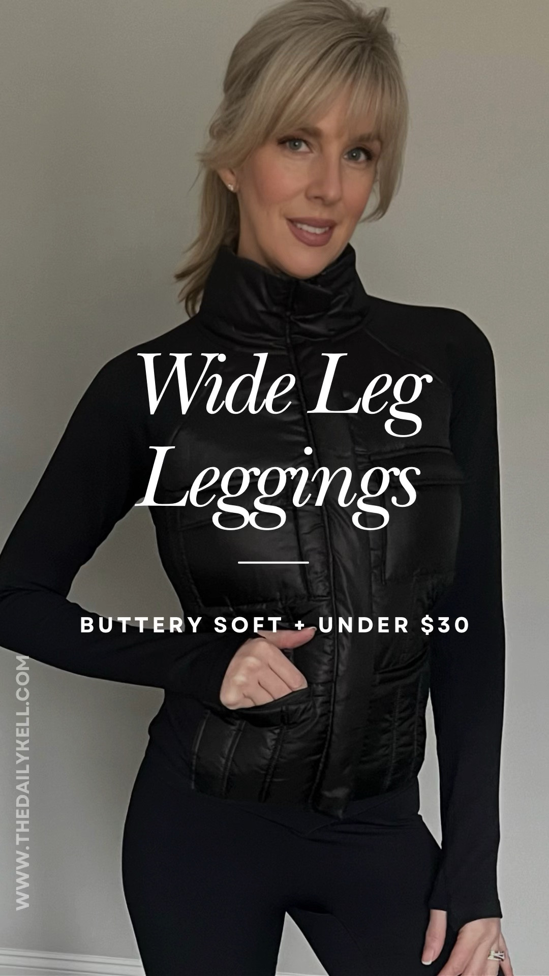 Buttery soft wide-leg leggings for under $30.  Bonus:  they seem to repel dog hair 👍

Wearing a size medium in the 32” inseam.  This length is perfect for me for yoga and pilates.  I’m 5’11” for reference. I’d size up to the 34” inseam for more intense workouts to prevent ride up.  

Thin material, which I prefer when working out, but not see through.  

I’ve tagged my tank and sneakers.  My jacket is sold out. But I have tagged a similar one by same brand (Zella).  

#LTKfitness #LTKfindsunder50 #LTKover40