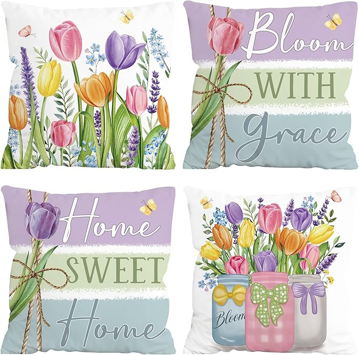 FUTBU Spring Throw Pillow Covers Set of 4, Spring Tulips Home Sweet Home Cushion Case, Bloom with... | Amazon (US)