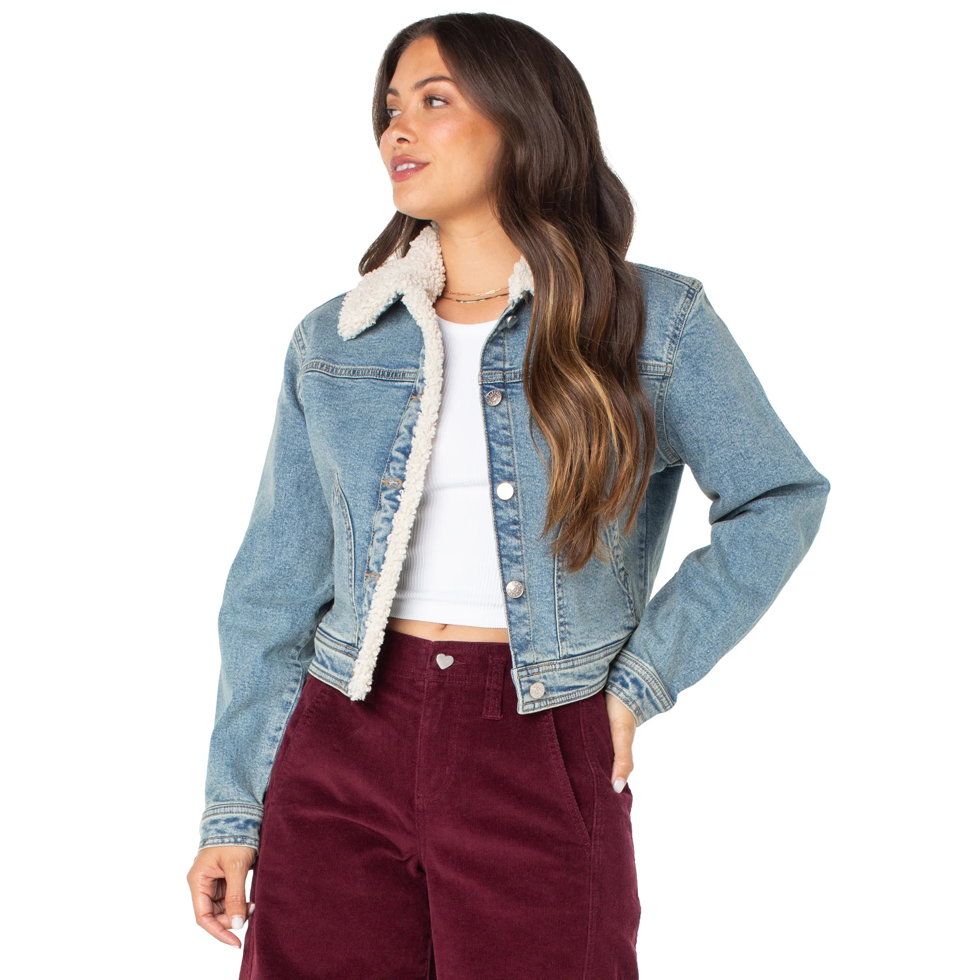 Celebrity Pink Women's and Women's Plus Faux Shearling Denim Jacket, Sizes XS-3X - Walmart.com | Walmart (US)