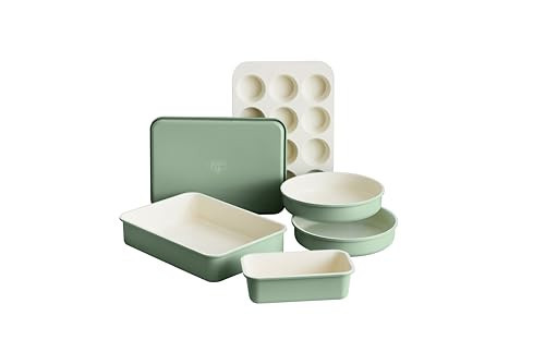 GreenLife 6 Piece Nonstick Bakeware Set, Non-Toxic PFAS-Free Ceramic Oven Pans, Dishwasher & Oven Safe to 450°F, Easy Release Baking Sheet, Loaf Pan, Rectangle & Round Cake, Muffin Pan, Sage | Amazon (US)