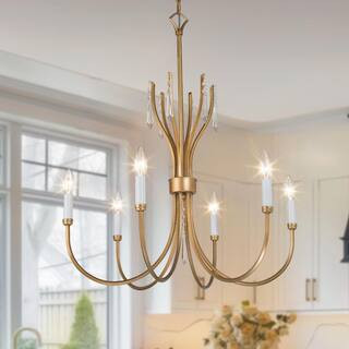 Vintage 6-Light Brushed Antique Gold White Candlestick Chandelier for Dining Room with Crystal Drop for Dining Room | The Home Depot
