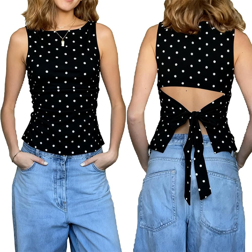 Women Y2k Polka Dots Boat Neck Tank Top Cute Sleeveless Slim Fitted Side Ruched Tie Back Vest Vin... | Amazon (US)