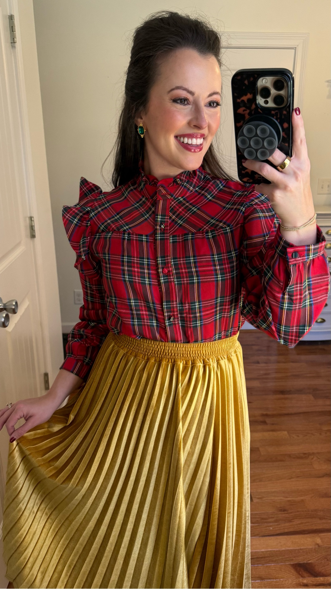 Christmas outfit 
Holiday party outfit 
Christmas plaid
Red plaid top (small)
Gold pleated midi skirt (small)
Dark brown suede boots

#LTKHoliday #LTKFindsUnder100 #LTKCyberWeek