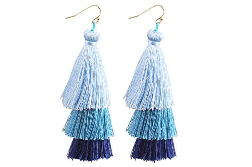 Mina Ombre Tiered Fringe 3.6 Inch Drop Long Tassel Thread Statement Long Blue Earrings | Amazon (US)