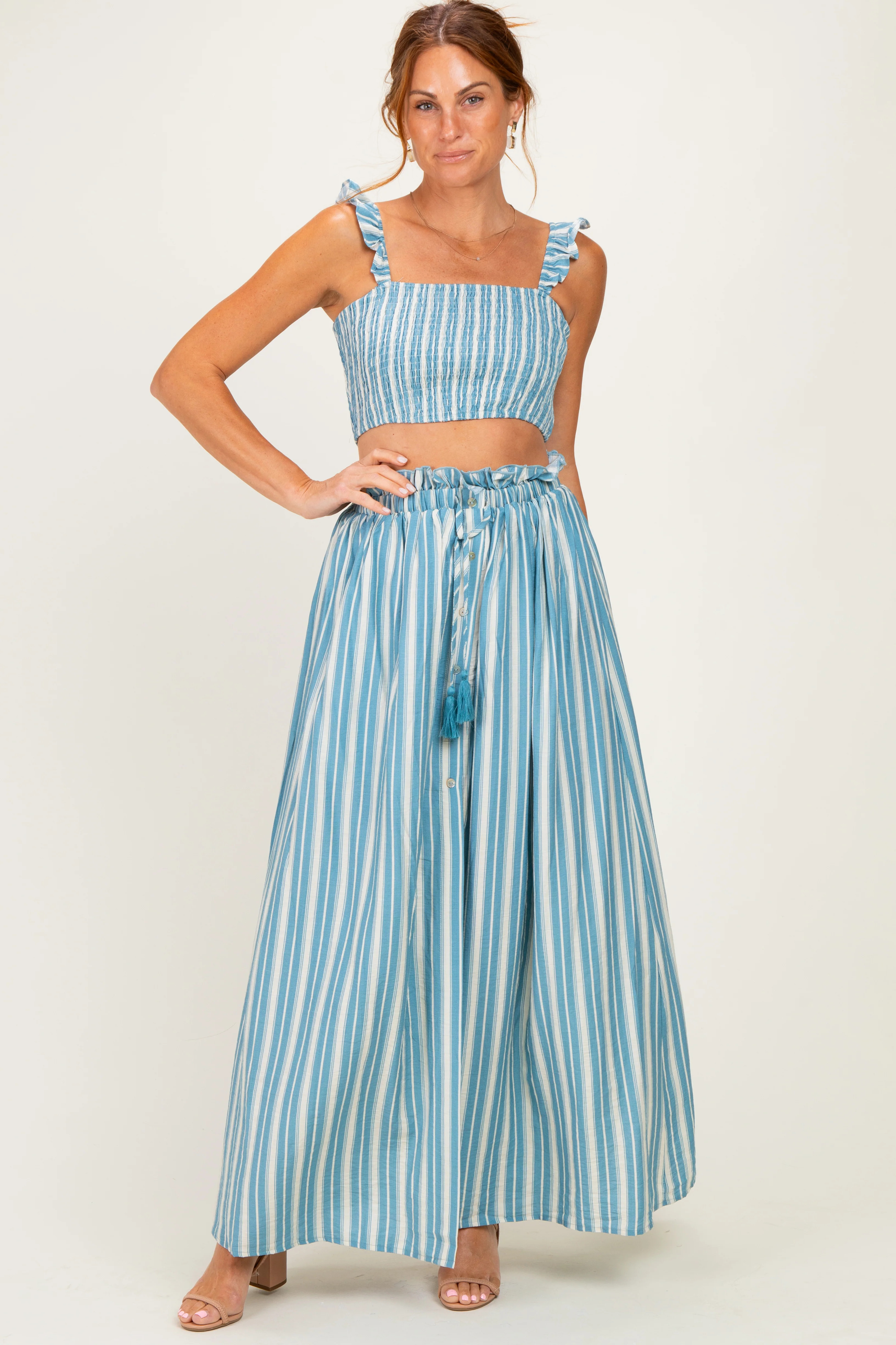 Blue Striped Smocked Crop Top Maxi Skirt Set - Small | PinkBlush Maternity