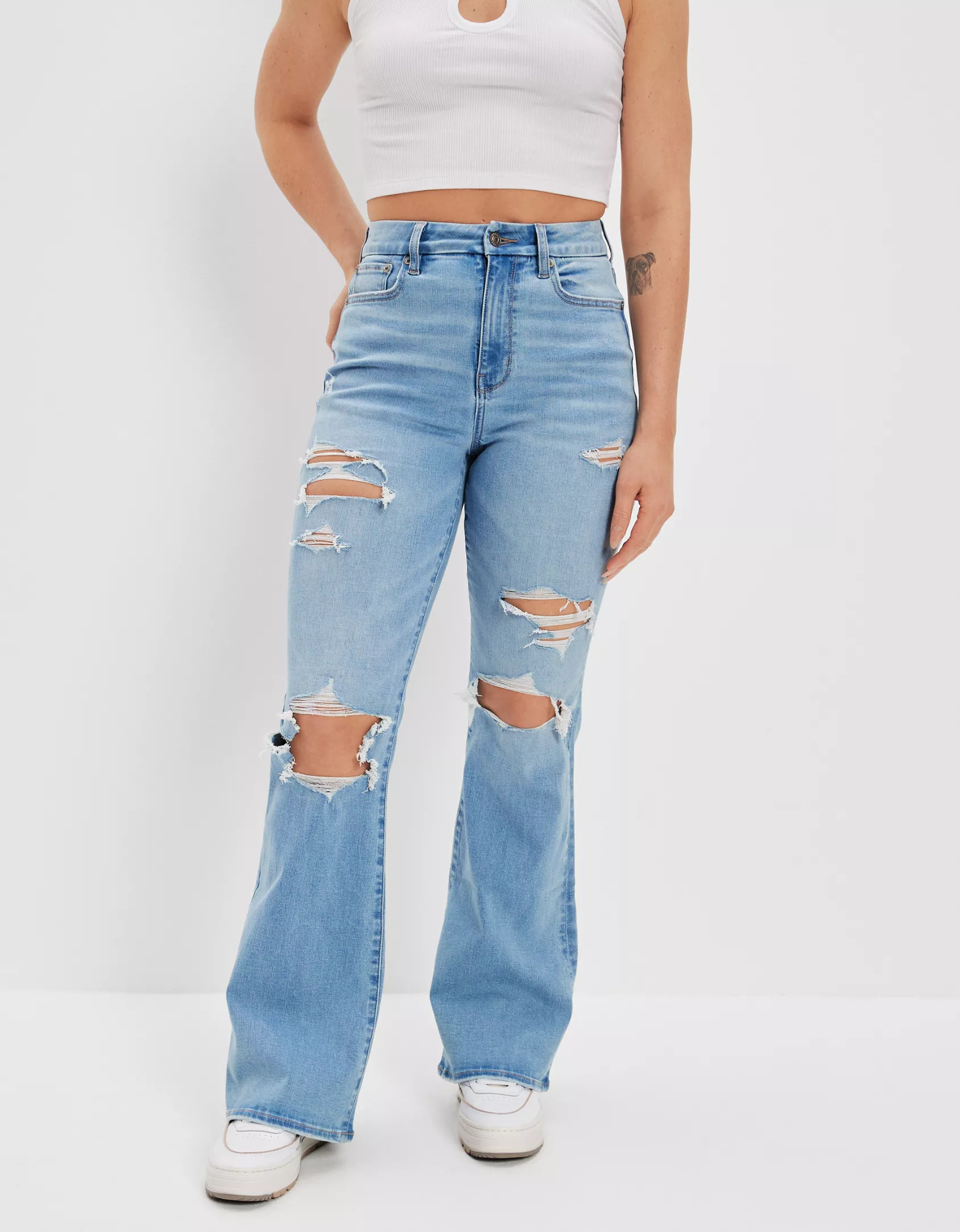 AE Ne(x)t Level Ripped Curvy Super High-Waisted Flare Jean | American Eagle Outfitters (US & CA)