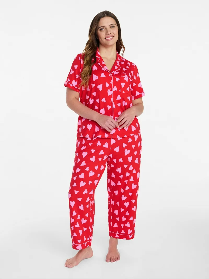 Joyspun Women's Dreamy Soft Collection Notch Knit Top and Capri Pants Pajama Set, 2-Piece, Sizes ... | Walmart (US)