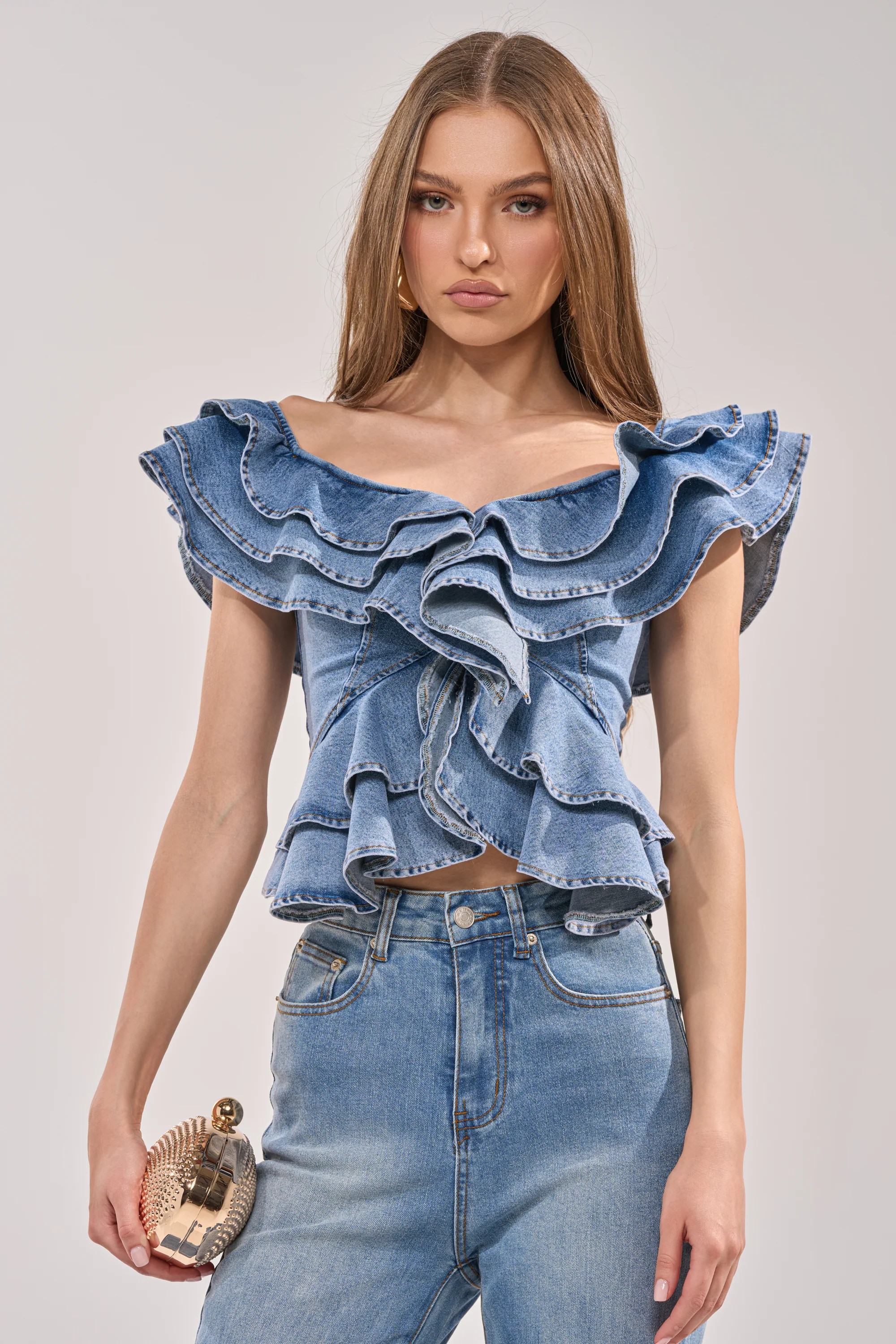 DREAMING BIG DENIM RUFFLE TOP | AKIRA