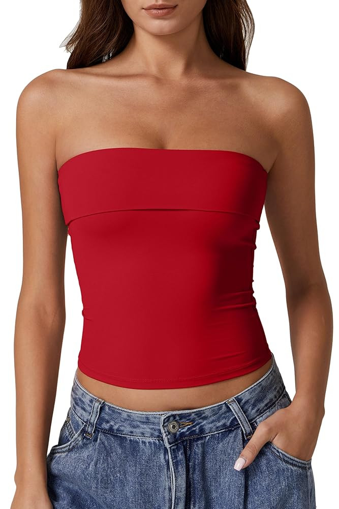 QINSEN Women's Tube Tops Strapless Bandeau Tops Double Lined Slim Fit Summer Going Out Tank Tops | Amazon (US)