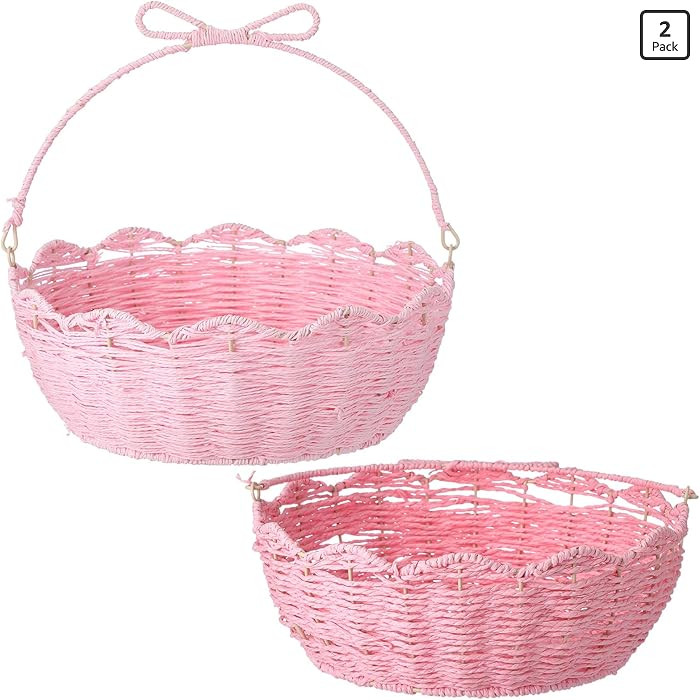 2 Pcs Pink Bow Wicker Easter Basket with Folding Handles Scalloped Pink Baskets for Gifts Cute Pi... | Amazon (US)