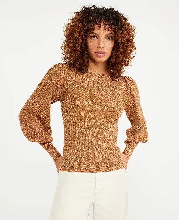 Shimmer Puff Sleeve Boatneck Sweater | Ann Taylor (US)