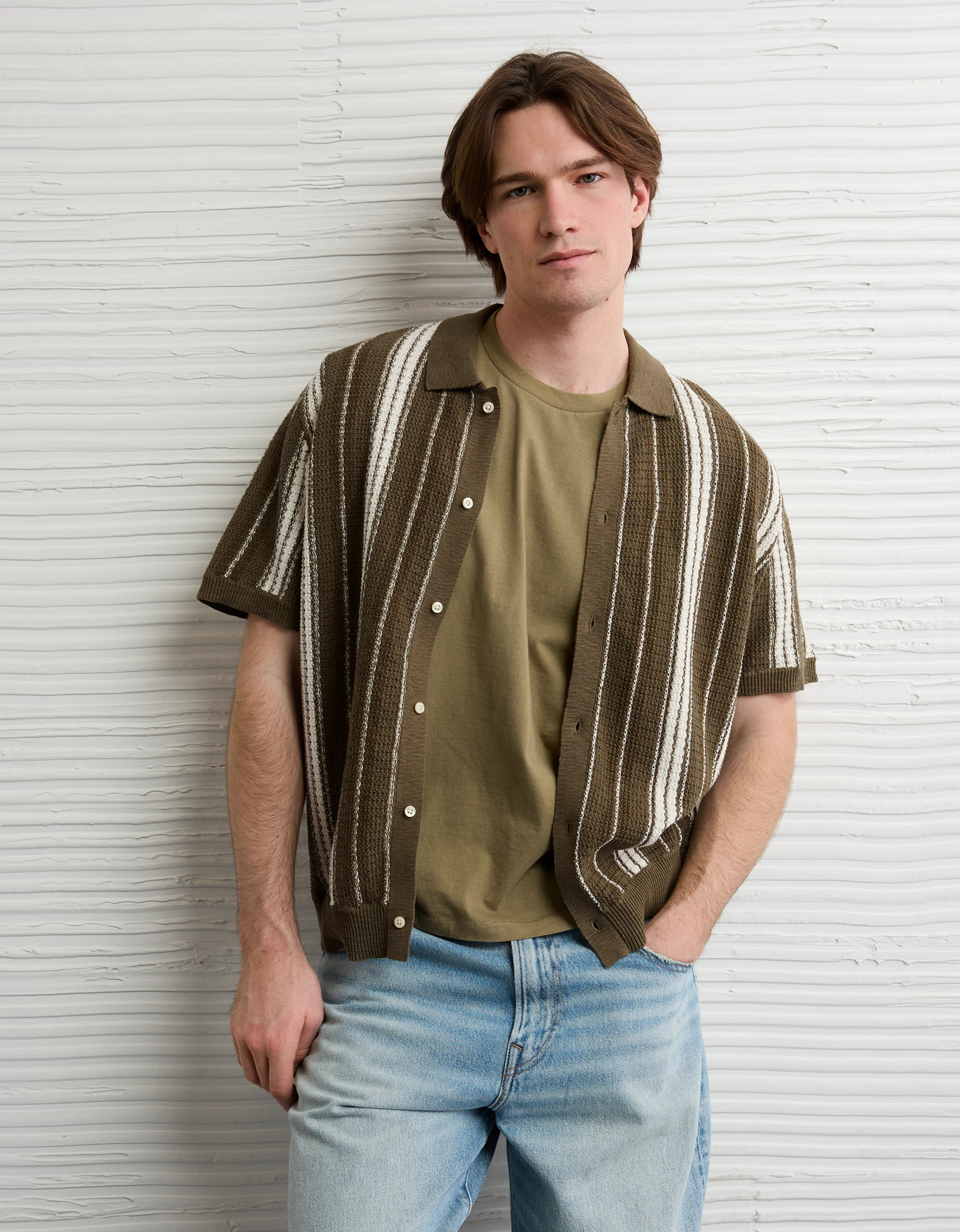 AE Striped Button-Up Sweater Polo | American Eagle Outfitters (US & CA)