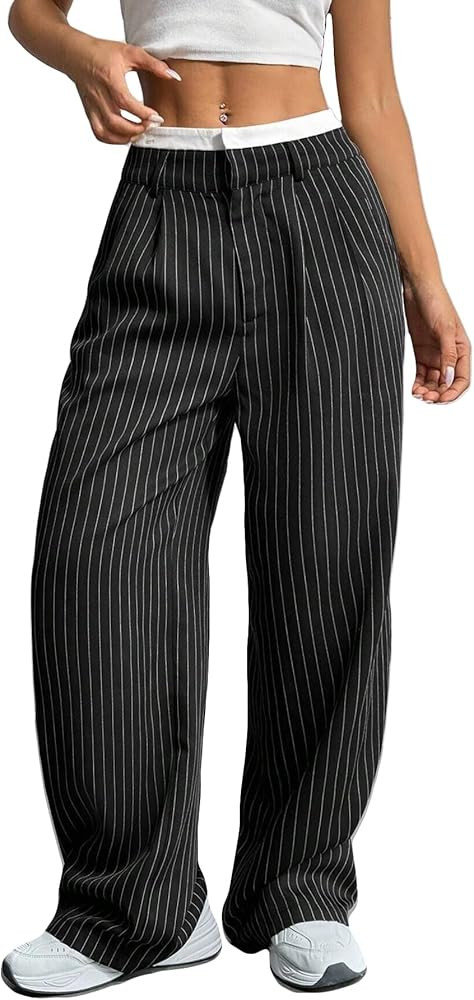 LKOUS Dress Pants Women High Waist,Casual Work Wide Leg Pant Striped Straight Trousers with Pocke... | Amazon (US)