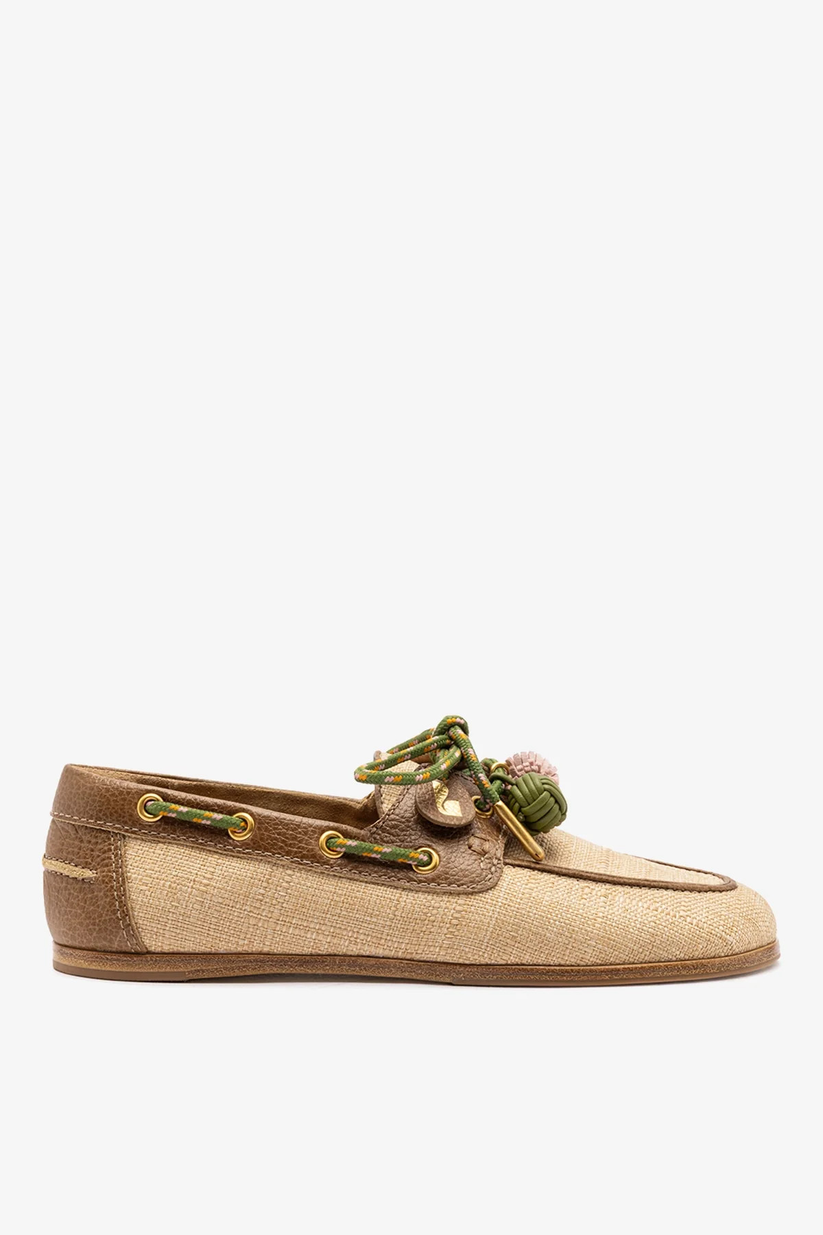 Cyprus Boat Shoe In Beige Raffia And Brown Leather | Larroude
