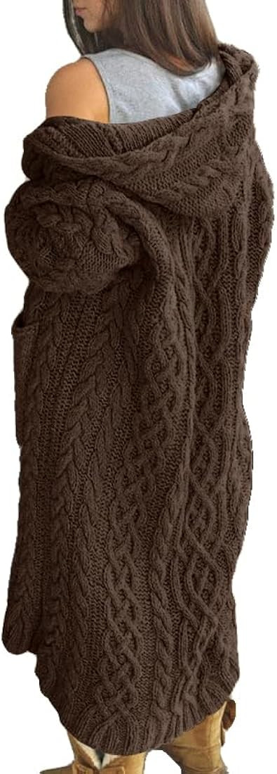 Womens Casual Long Sleeve Open Cardigan Warm Hooded Outwear Coat Cable Knit Long Cardigan Sweaters w | Amazon (US)