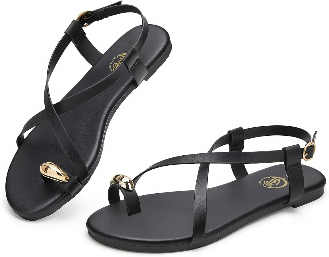 Trary Women's Flat Sandals with Adjustable Buckle, Cross Strap Strappy Sandals Summer Casual Comf... | Amazon (US)