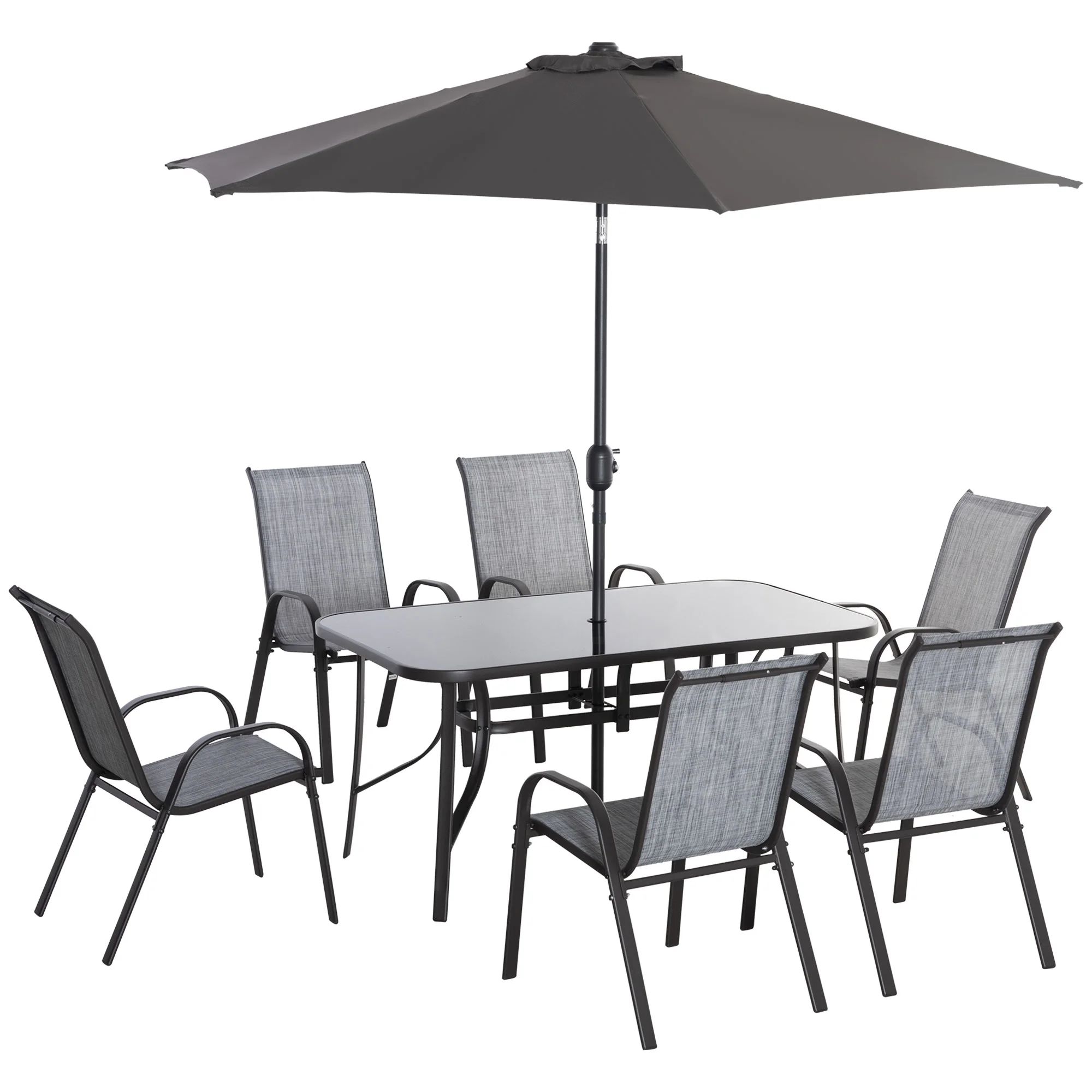 Outsunny 7 Pieces Patio Furniture Set with 9Ft Patio Umbrella, Outdoor Dining Table and Chairs, 6... | Walmart (US)