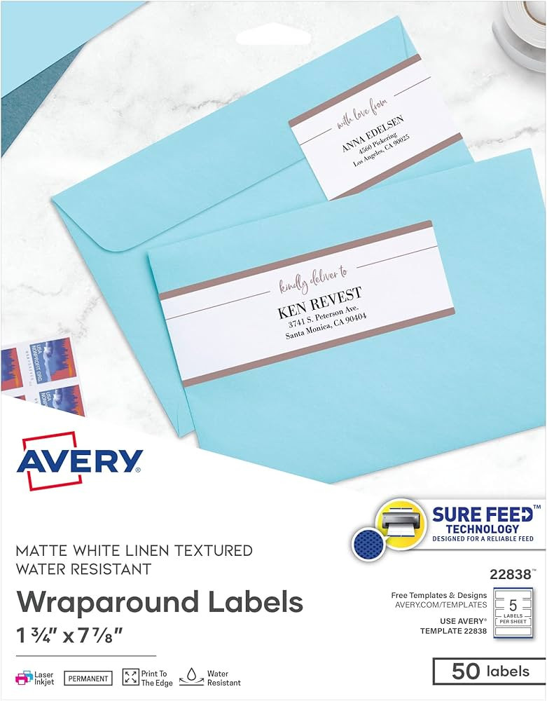 Avery Printable Wraparound Rectangle Labels, 7.85" x 1.75", Textured White, 50 Customizable Label... | Amazon (US)