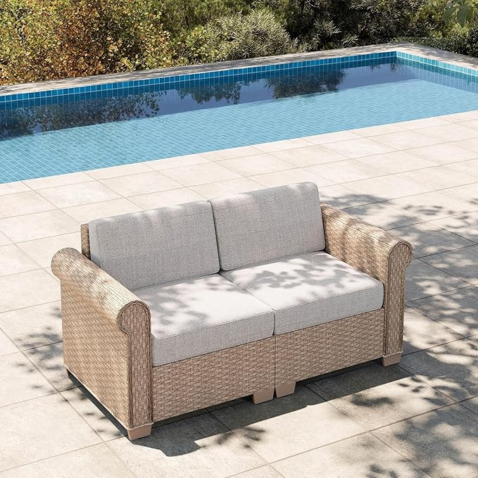 HERA'S HOUSE Patio Loveseat Set, All-Weather 2 Seats Outdoor Sectional Wicker Sofa, 5.5" Thick Cu... | Amazon (US)