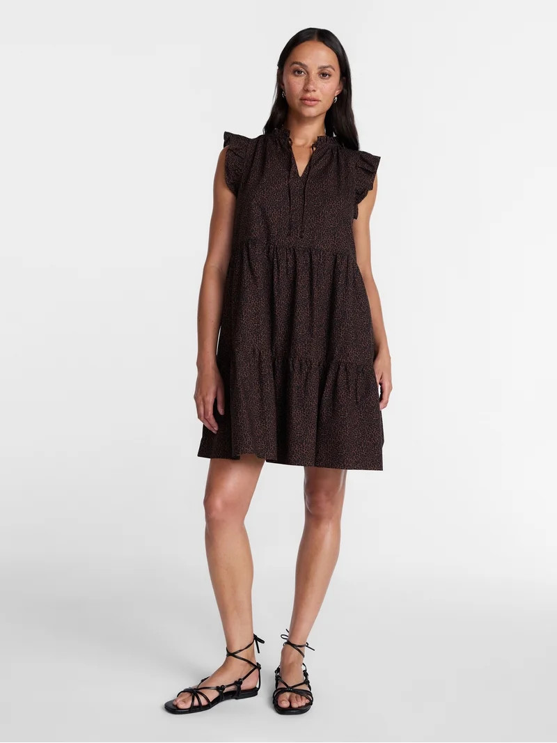 Time and Tru Women's and Women's Plus Tiered Cotton Mini Dress with Flutter Sleeves, Sizes XS-4X | Walmart (US)