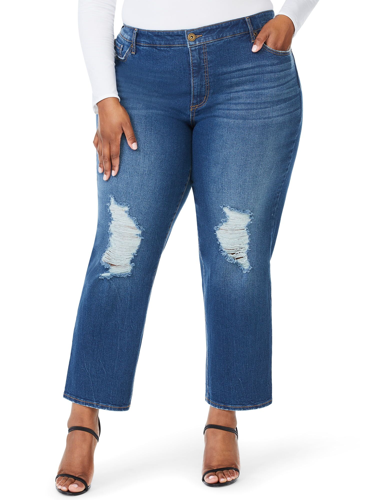 Sofia Jeans by Sofia Vergara Plus Size Leslie Destructed High-Rise Slim Straight Jeans - Walmart.... | Walmart (US)