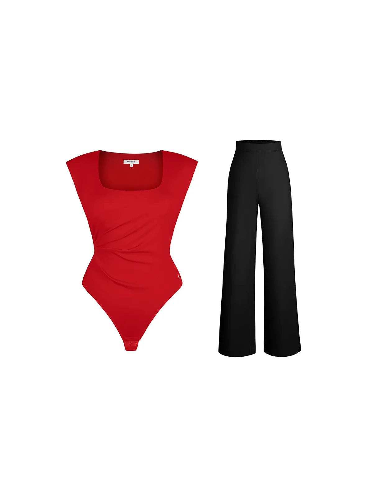 Shapewear Padded Shoulder Slimming Bodysuit Wide-Leg Pants Set - Set / Red/Black / 3XL | Popilush