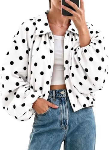 Women Polka Dot Jacket Puffed Sleeve Bomber Jacket Lapel Collar Zip Up Cropped Loose Fall Spring ... | Amazon (US)